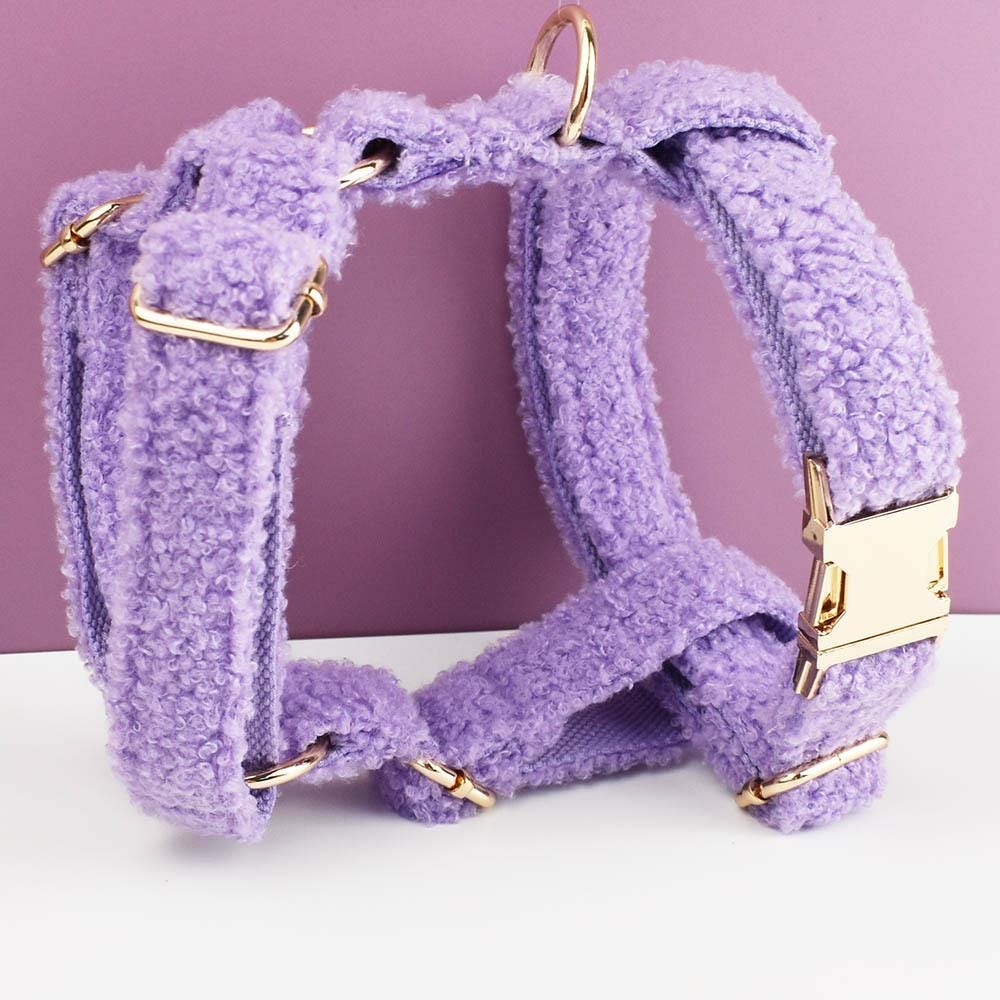 Purple Personalised Female or Male Dog Collar with Name, Polyester Fleece, Custom H-Style Dog Harness or Leash, Bow for Wedding or Daily Use