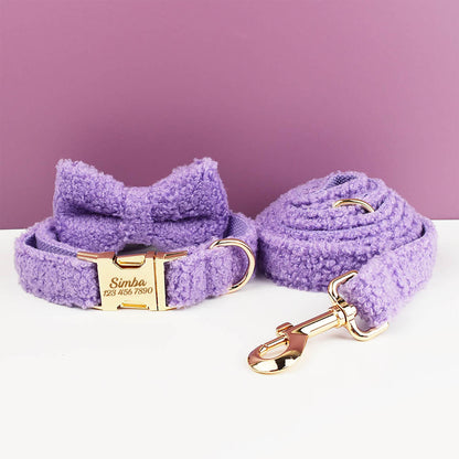 Purple Personalised Female or Male Dog Collar with Name, Polyester Fleece, Custom H-Style Dog Harness or Leash, Bow for Wedding or Daily Use