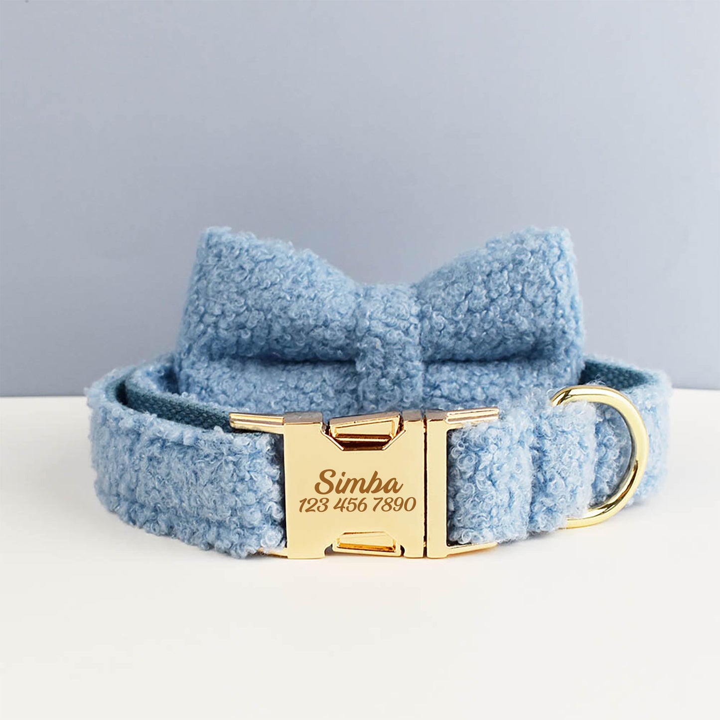 Light Blue Personalised Female or Male Dog Collar, Polyester Fleece, Custom H-Style Dog Harness or Leash, Bow for Wedding or Daily Use