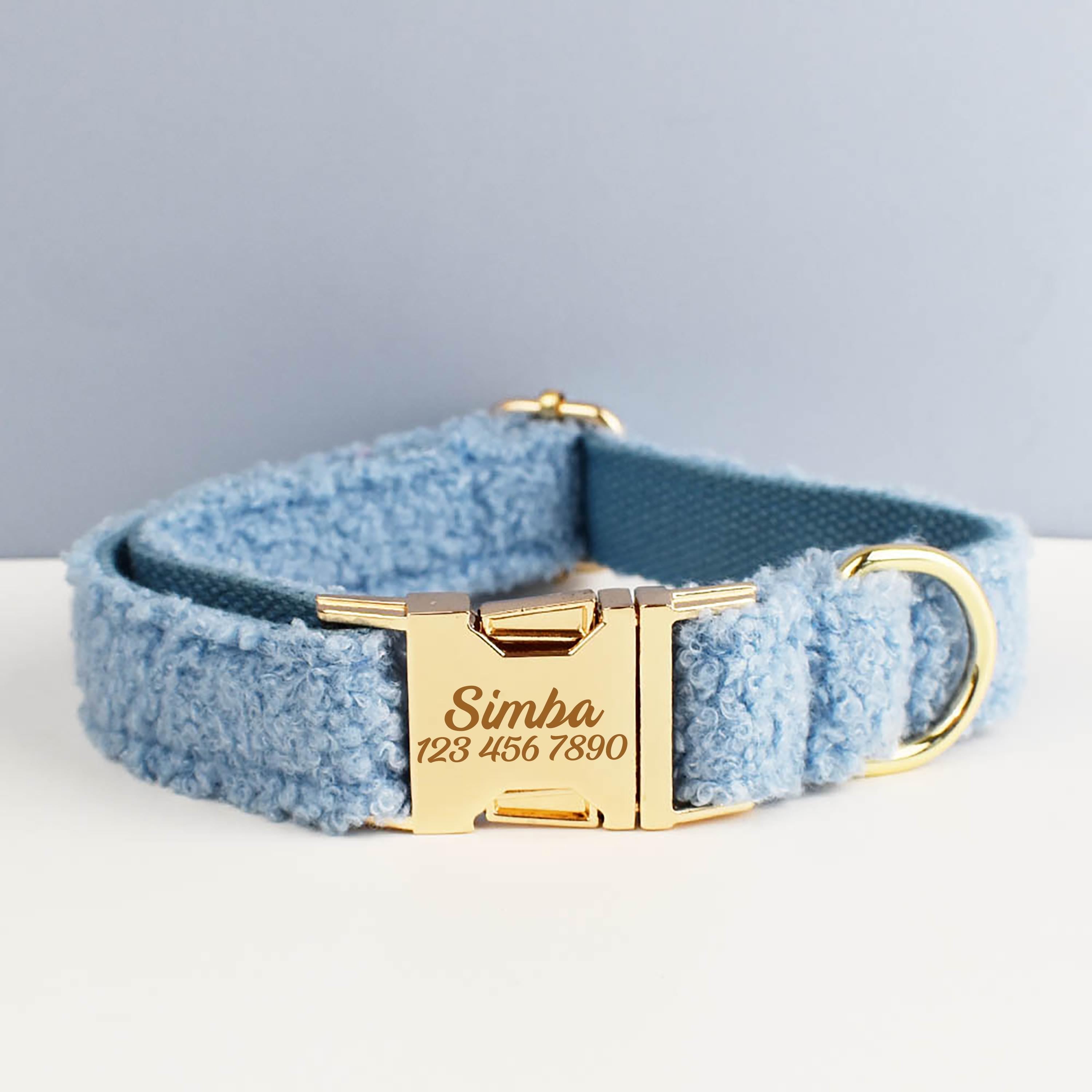 Light Blue Personalized Female or Male Dog Collar, Polyester Fleece, Custom H-Style Dog Harness or Leash, Bow for Wedding or Daily Use