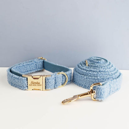 Light Blue Personalised Female or Male Dog Collar, Polyester Fleece, Custom H-Style Dog Harness or Leash, Bow for Wedding or Daily Use