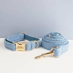 Light Blue Personalized Female or Male Dog Collar, Polyester Fleece, Custom H-Style Dog Harness or Leash, Bow for Wedding or Daily Use