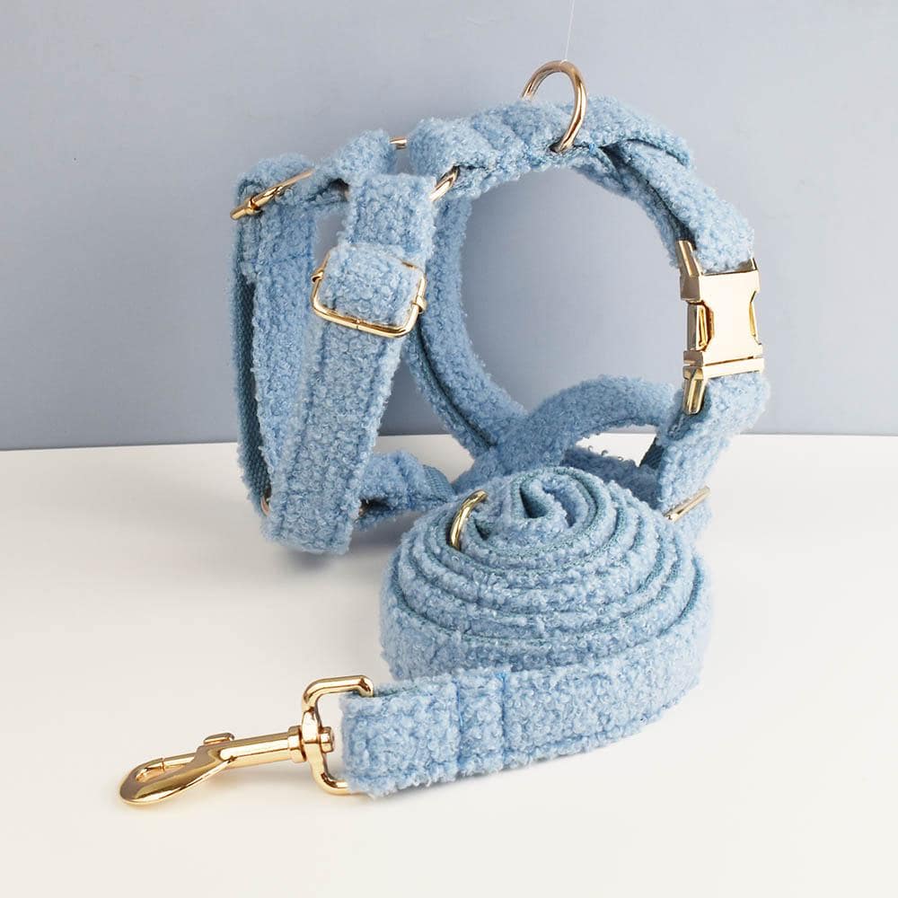 Light Blue Personalized Female or Male Dog Collar, Polyester Fleece, Custom H-Style Dog Harness or Leash, Bow for Wedding or Daily Use