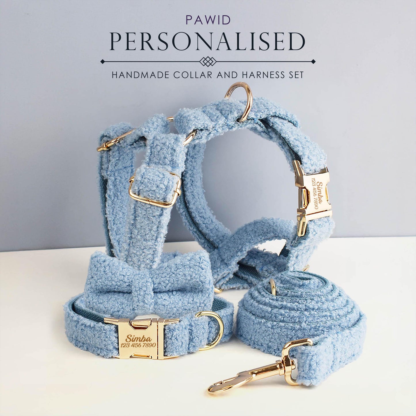 Light Blue Personalised Female or Male Dog Collar, Polyester Fleece, Custom H-Style Dog Harness or Leash, Bow for Wedding or Daily Use