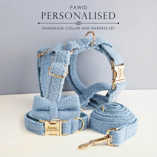 Light Blue Personalised Female or Male Dog Collar, Polyester Fleece, Custom H-Style Dog Harness or Leash, Bow for Wedding or Daily Use