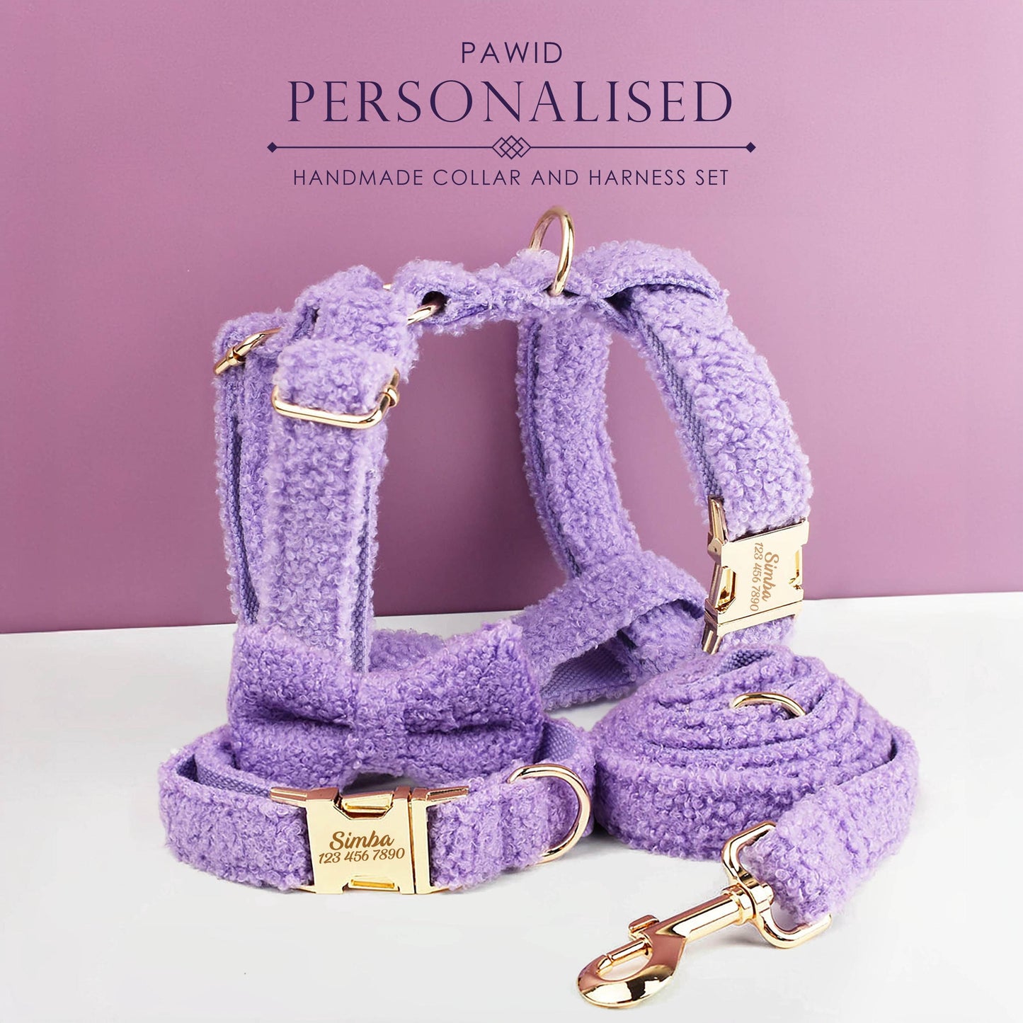 Purple Personalised Female or Male Dog Collar with Name, Polyester Fleece, Custom H-Style Dog Harness or Leash, Bow for Wedding or Daily Use
