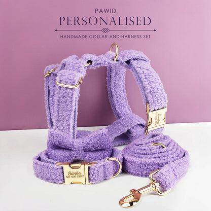 Purple Personalised Female or Male Dog Collar with Name, Polyester Fleece, Custom H-Style Dog Harness or Leash, Bow for Wedding or Daily Use