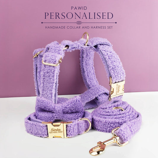 Purple Personalised Female or Male Dog Collar with Name, Polyester Fleece, Custom H-Style Dog Harness or Leash, Bow for Wedding or Daily Use