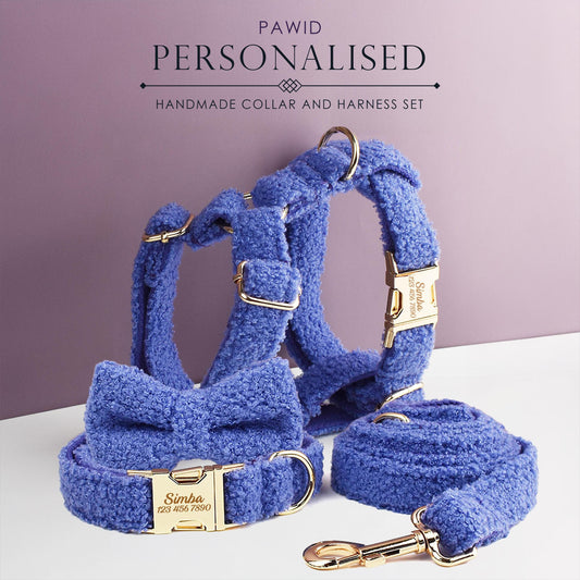 Blue Personalised Female or Male Dog Collar, Polyester Fleece, Custom H-Style Dog Harness or Leash, Bow for Wedding or Daily Use