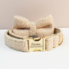 Beige Personalized Female or Male Dog Collar with Name, Polyester Fleece, Custom Roman Dog Harness or Leash, Bow for Wedding or Daily Use
