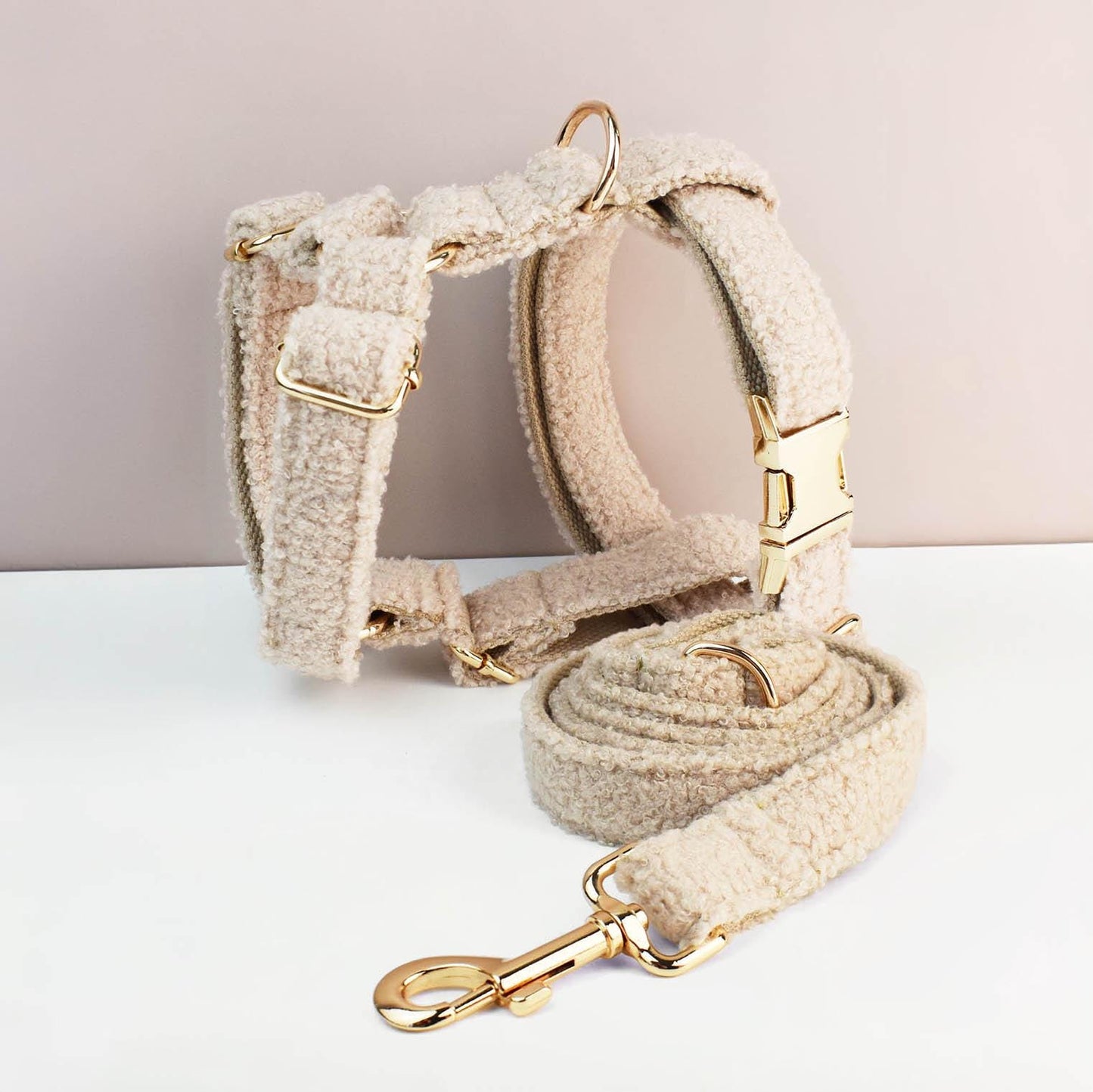 Beige Personalised Female or Male Dog Collar with Name, Polyester Fleece, Custom Roman Dog Harness or Leash, Bow for Wedding or Daily Use