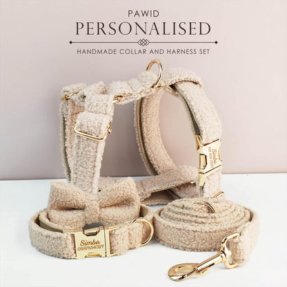 Beige Personalised Female or Male Dog Collar with Name, Polyester Fleece, Custom Roman Dog Harness or Leash, Bow for Wedding or Daily Use