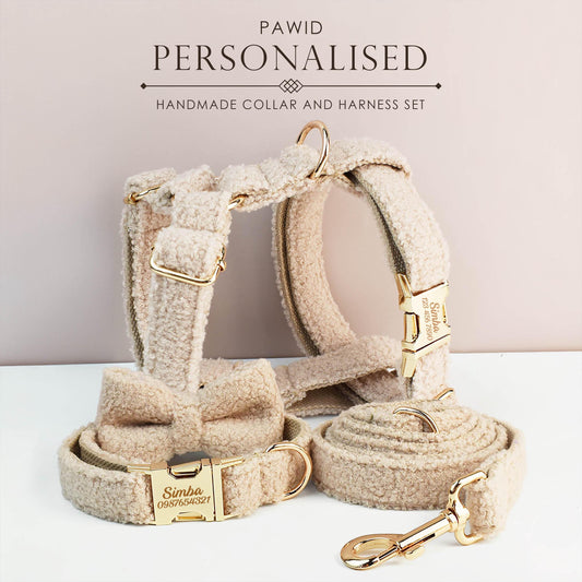 Beige Personalised Female or Male Dog Collar with Name, Polyester Fleece, Custom Roman Dog Harness or Leash, Bow for Wedding or Daily Use