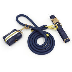 PU Leather Dog Collar, Collar/Harness/Lead/Poop Bag, Dog Collar Leash in Dark Blue, Engraved Metal Buckle, Wedding Puppy Gift, Australia