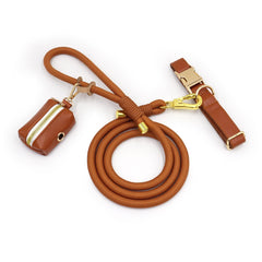 PU Leather Dog Collar, Collar/Harness/Lead/Poop Bag, Dog Collar Leash in Light Brown, Engraved Metal Buckle, Wedding Puppy Gift, Australia