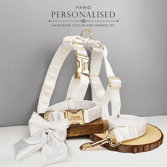 Wedding Dog Collar in White Satin, Custom Silky Roman Dog Harness with Name, Leash, Sailor Bow for Birthday