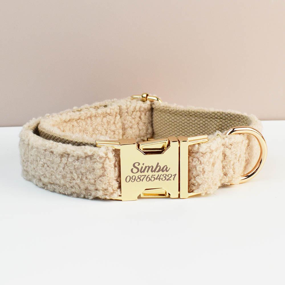 Teddy Bear Dog Collar, Personalised Tag, FluffyTartan Dog Collar and Leash or Bow, Collar for Male Dog, Engraved Name on Dog Collar