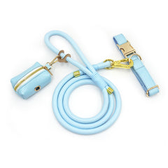 PU Leather Dog Collar, Collar/Harness/Lead/Poop Bag, Dog Collar Leash in Light Blue, Engraved Metal Buckle, Wedding Puppy Gift, Australia