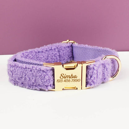 Purple Personalised Female or Male Dog Collar with Name, Polyester Fleece, Custom H-Style Dog Harness or Leash, Bow for Wedding or Daily Use