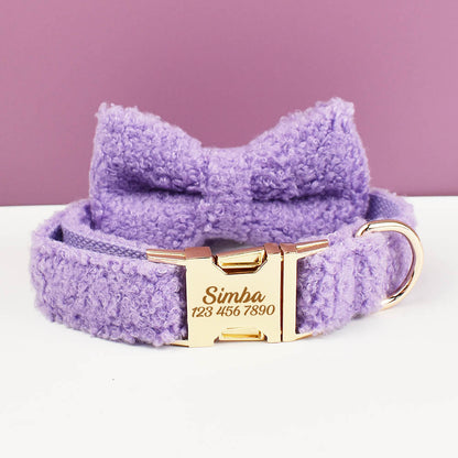 Purple Personalised Female or Male Dog Collar with Name, Polyester Fleece, Custom H-Style Dog Harness or Leash, Bow for Wedding or Daily Use