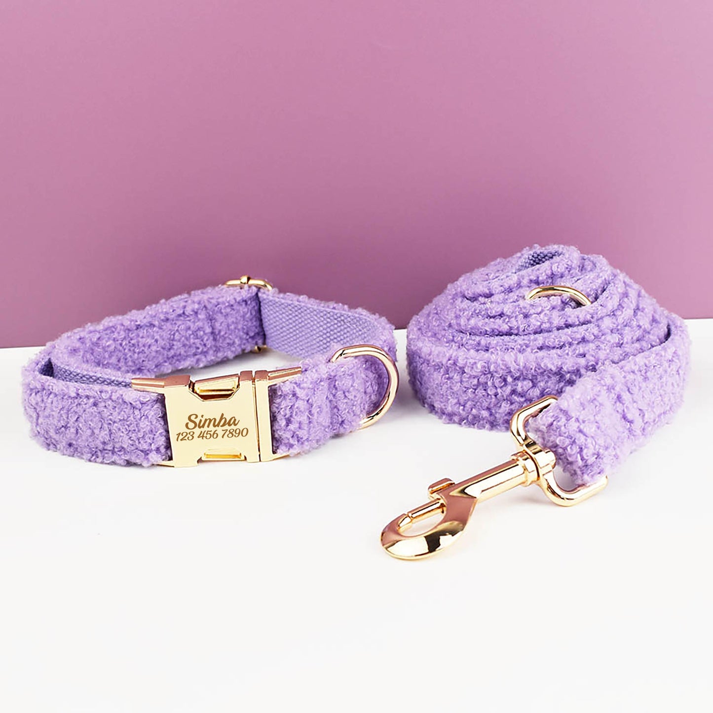 Purple Personalised Female or Male Dog Collar with Name, Polyester Fleece, Custom H-Style Dog Harness or Leash, Bow for Wedding or Daily Use