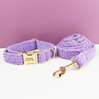 Purple Personalised Female or Male Dog Collar with Name, Polyester Fleece, Custom H-Style Dog Harness or Leash, Bow for Wedding or Daily Use