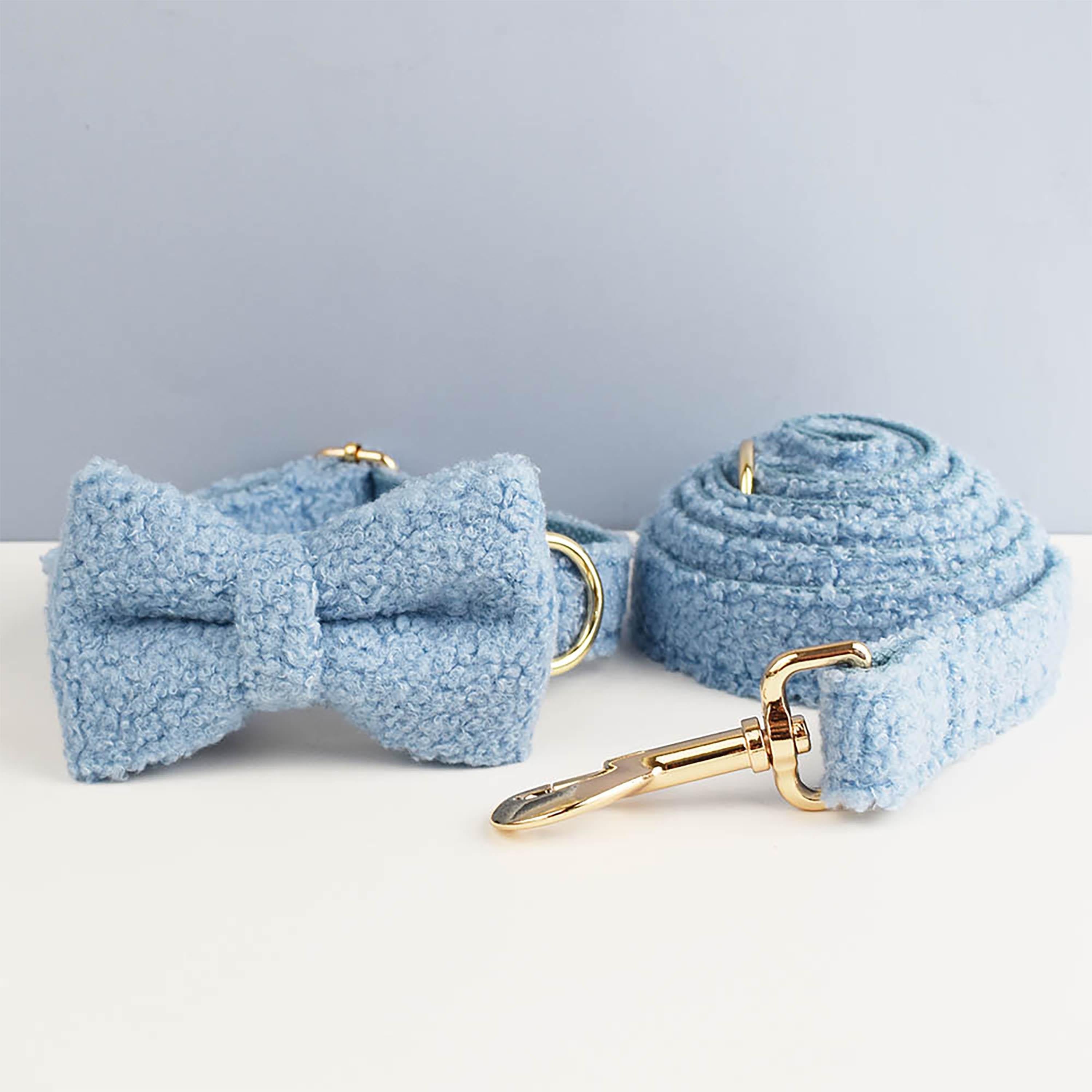 Light Blue Personalized Female or Male Dog Collar, Polyester Fleece, Custom H-Style Dog Harness or Leash, Bow for Wedding or Daily Use