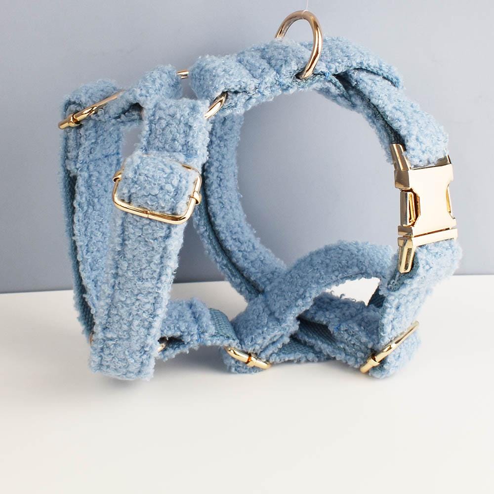 Light Blue Personalized Female or Male Dog Collar, Polyester Fleece, Custom H-Style Dog Harness or Leash, Bow for Wedding or Daily Use