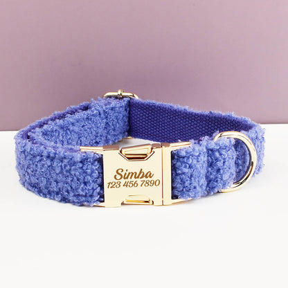 Blue Personalised Female or Male Dog Collar, Polyester Fleece, Custom H-Style Dog Harness or Leash, Bow for Wedding or Daily Use