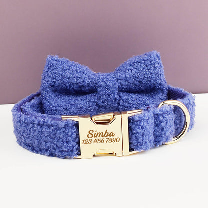 Blue Personalised Female or Male Dog Collar, Polyester Fleece, Custom H-Style Dog Harness or Leash, Bow for Wedding or Daily Use