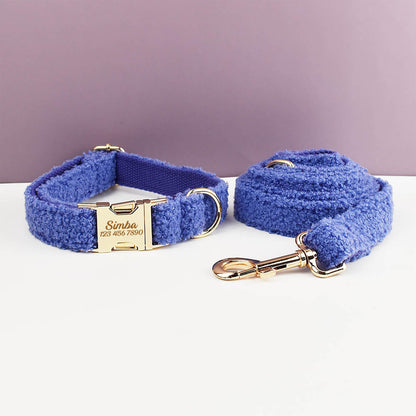 Blue Personalised Female or Male Dog Collar, Polyester Fleece, Custom H-Style Dog Harness or Leash, Bow for Wedding or Daily Use