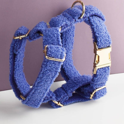Blue Personalised Female or Male Dog Collar, Polyester Fleece, Custom H-Style Dog Harness or Leash, Bow for Wedding or Daily Use