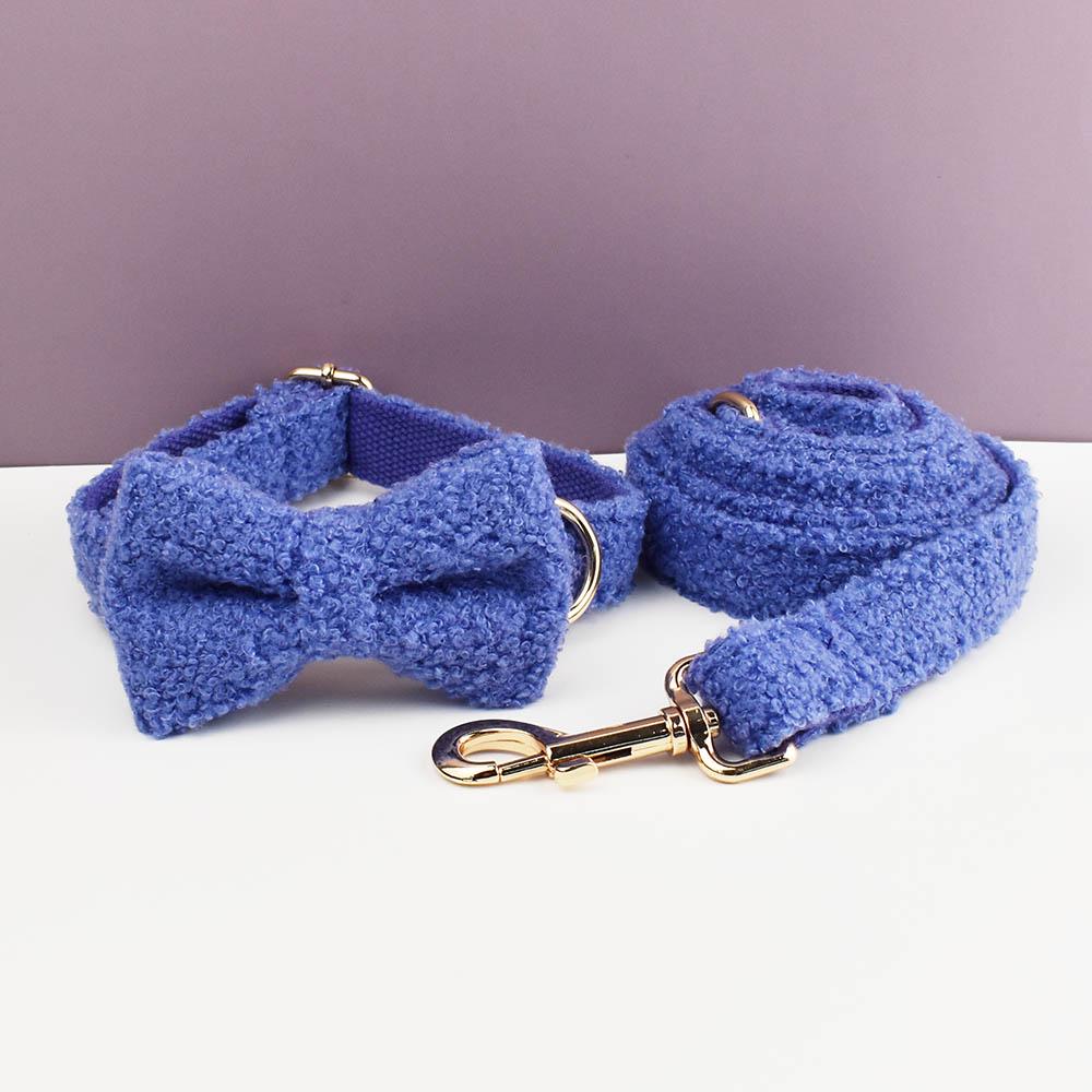 Blue Personalised Female or Male Dog Collar, Polyester Fleece, Custom H-Style Dog Harness or Leash, Bow for Wedding or Daily Use