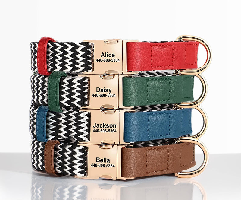 Personalised Dog Collar PU Leather Nylon ZigZag Pattern | Matching Harness and Leash | Custom Dog Collar for Small, Medium, Large Dogs