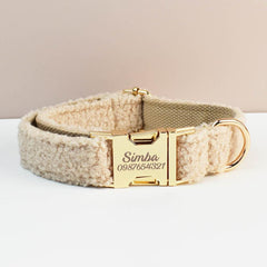 Beige Personalized Female or Male Dog Collar with Name, Polyester Fleece, Custom Roman Dog Harness or Leash, Bow for Wedding or Daily Use