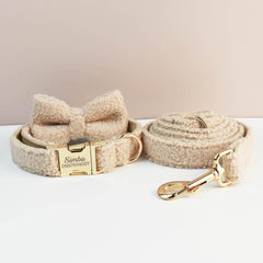 Beige Personalized Female or Male Dog Collar with Name, Polyester Fleece, Custom Roman Dog Harness or Leash, Bow for Wedding or Daily Use
