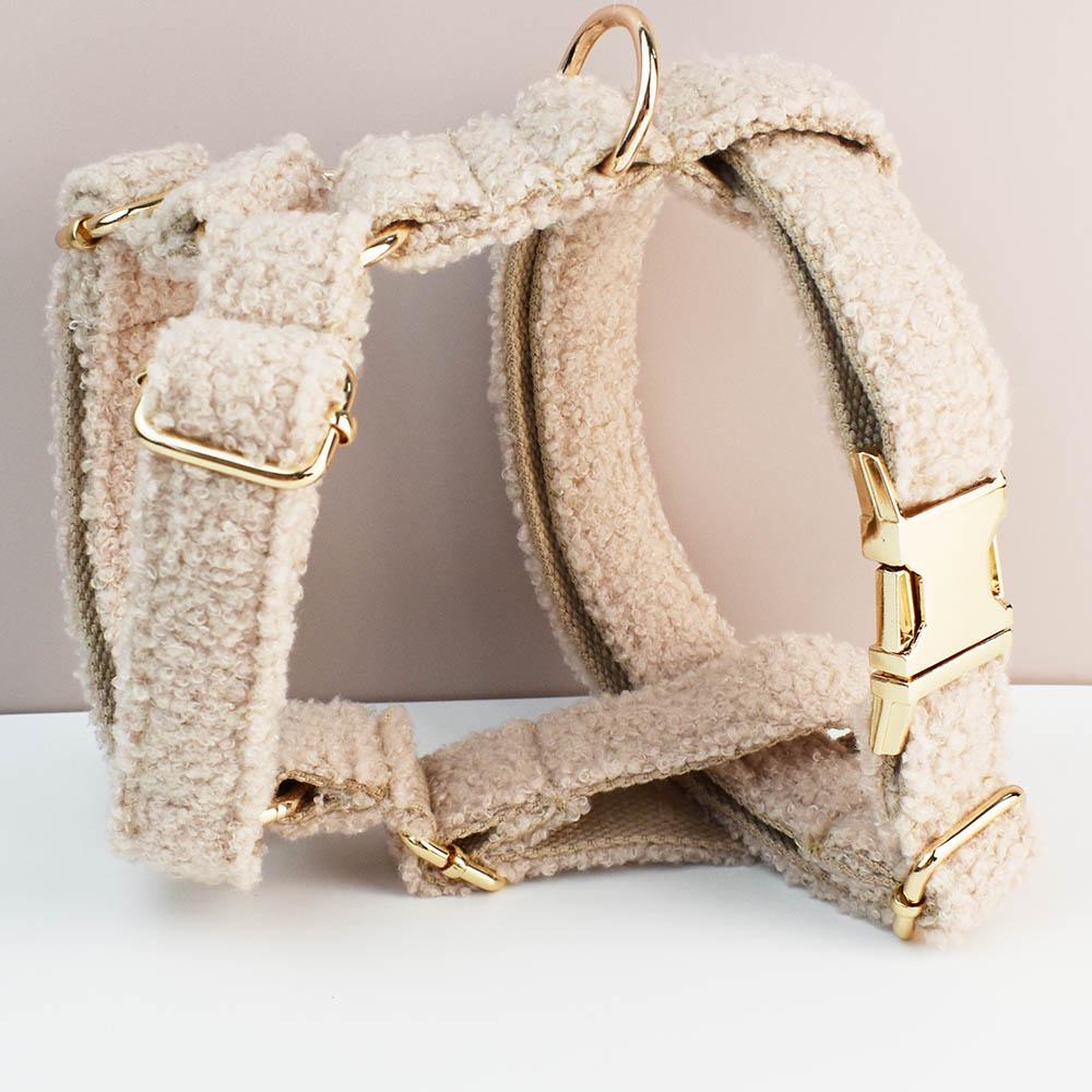 Beige Personalised Female or Male Dog Collar with Name, Polyester Fleece, Custom Roman Dog Harness or Leash, Bow for Wedding or Daily Use