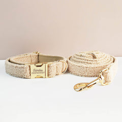 Beige Personalized Female or Male Dog Collar with Name, Polyester Fleece, Custom Roman Dog Harness or Leash, Bow for Wedding or Daily Use