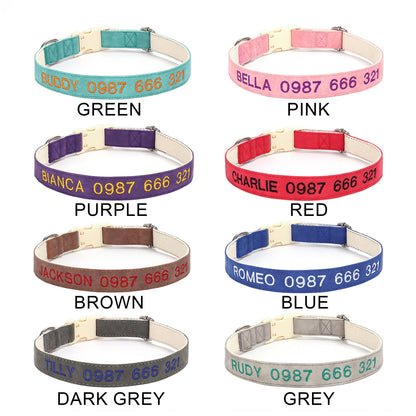 Personalised PU Leather Cotton Dog Collar, Custom Embroidered Name for Small to Large Dog, Red, Blue, Purple
