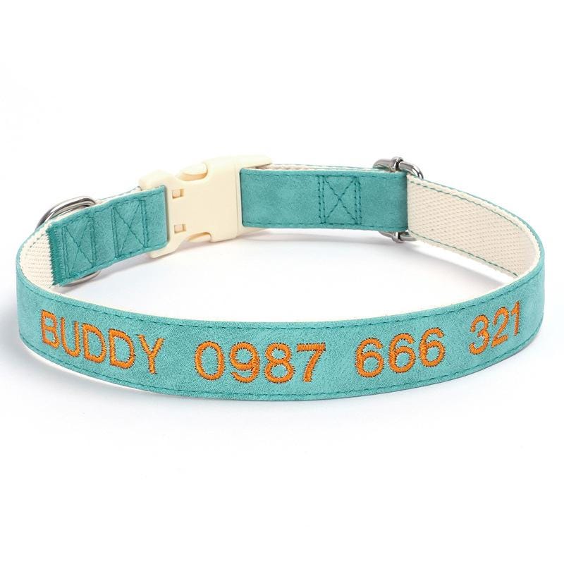 Personalised PU Leather Cotton Dog Collar, Custom Embroidered Name for Small to Large Dog, Red, Blue, Purple