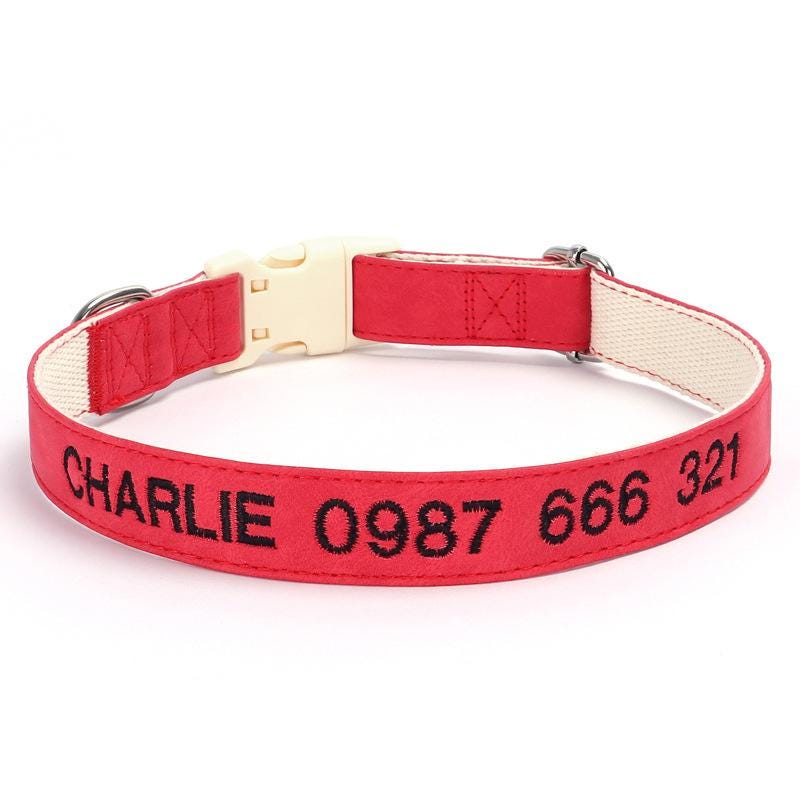 Personalised PU Leather Cotton Dog Collar, Custom Embroidered Name for Small to Large Dog, Red, Blue, Purple