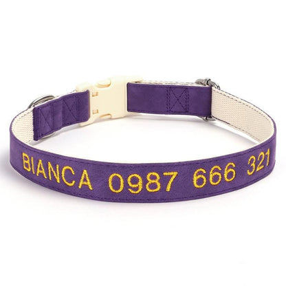 Personalised PU Leather Cotton Dog Collar, Custom Embroidered Name for Small to Large Dog, Red, Blue, Purple