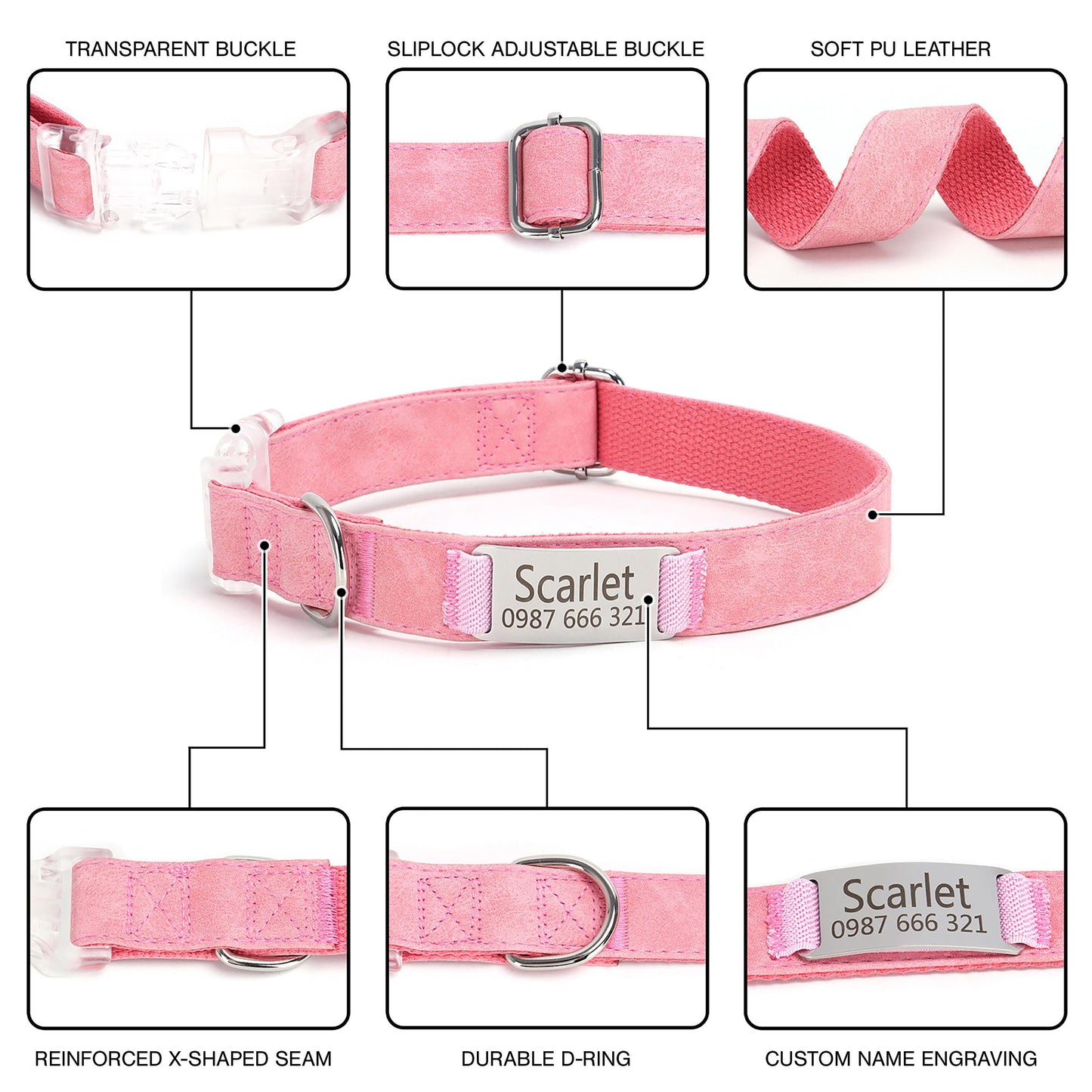 Personalised Engraved PU Leather Dog Collar with nameplate, Transparent Buckle Collar, Matching Leash Available, Au, Us, Uk, Ca Free Ship