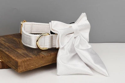 Wedding Dog Collar in White Satin, Custom Silky Roman Dog Harness with Name, Leash, Sailor Bow for Birthday