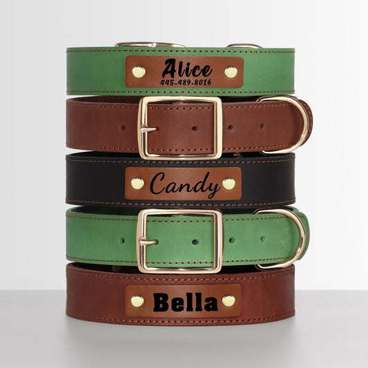 Personalised Laser Engraved Genuine Leather Dog Collar, Soft LeatherPet Necklace for Medium Large Dogs