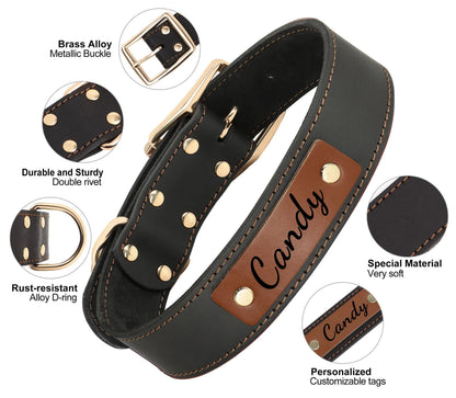 Personalised Laser Engraved Genuine Leather Dog Collar, Soft LeatherPet Necklace for Medium Large Dogs
