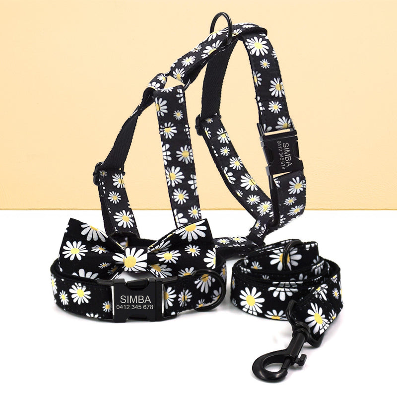 Personalized Engraved Handmade Black Daisy Dog Collar or Dog Collar and Lead Set, Matching Bowtie and Harness Available