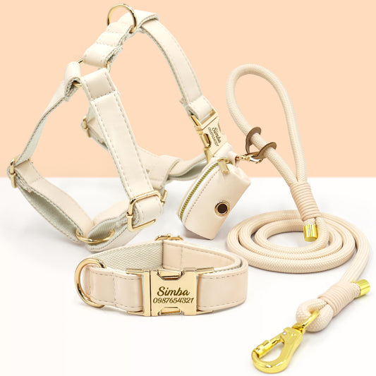 Custom Dog Leather Collar, Cream PU Leather with Engraved Buckle, Strong Roll Nylon Dog Lead, Pet Collar & Leash Sets