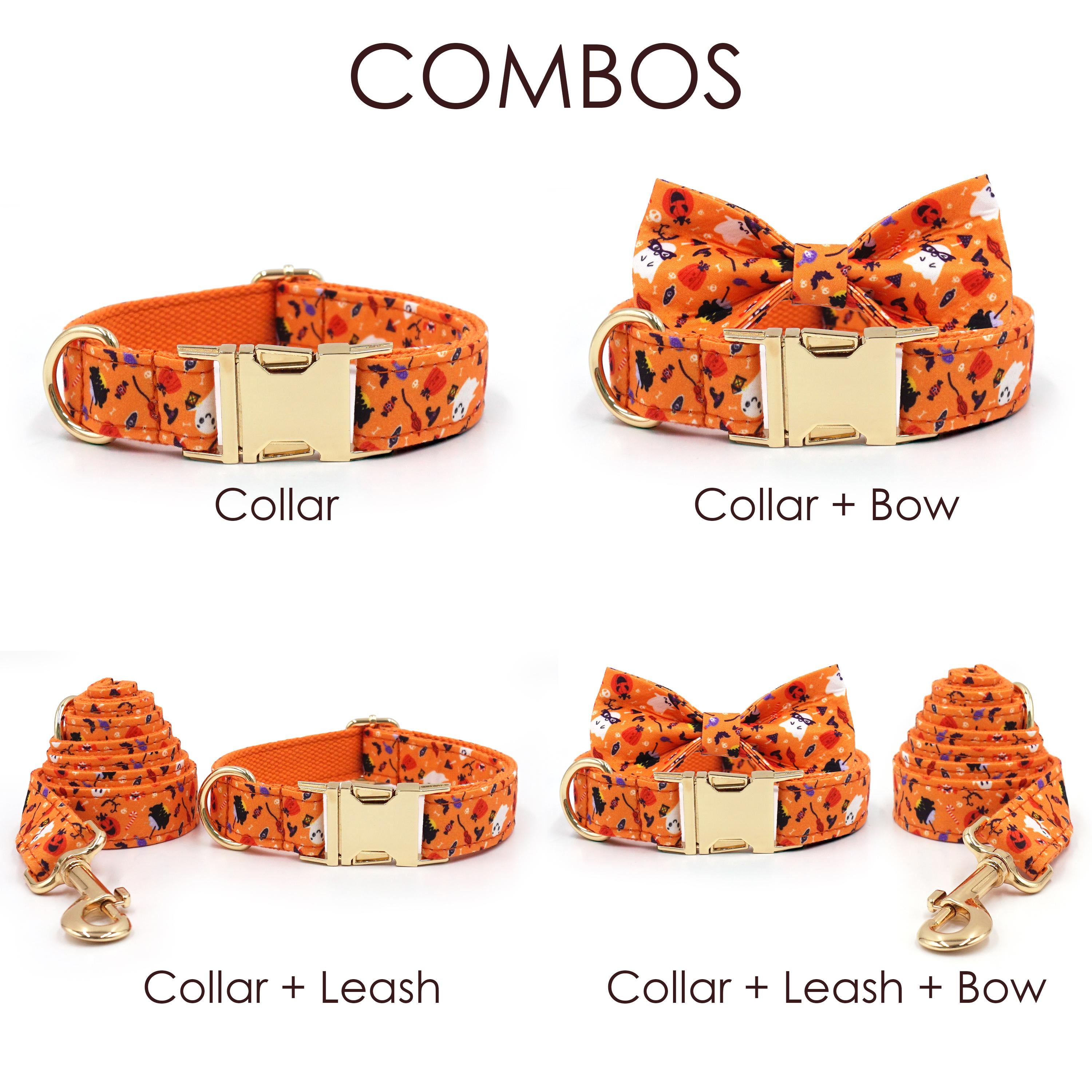 Halloween Dog Collar, Personalized Tag, Custom Dog Collar and Leash or Bow, Collar for Male Dog, Engraved Name on Dog Collar, Boy Collar