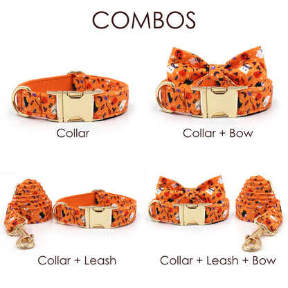 Halloween Dog Collar, Personalised Tag, Custom Dog Collar and Leash or Bow, Collar for Male Dog, Engraved Name on Dog Collar, Boy Collar